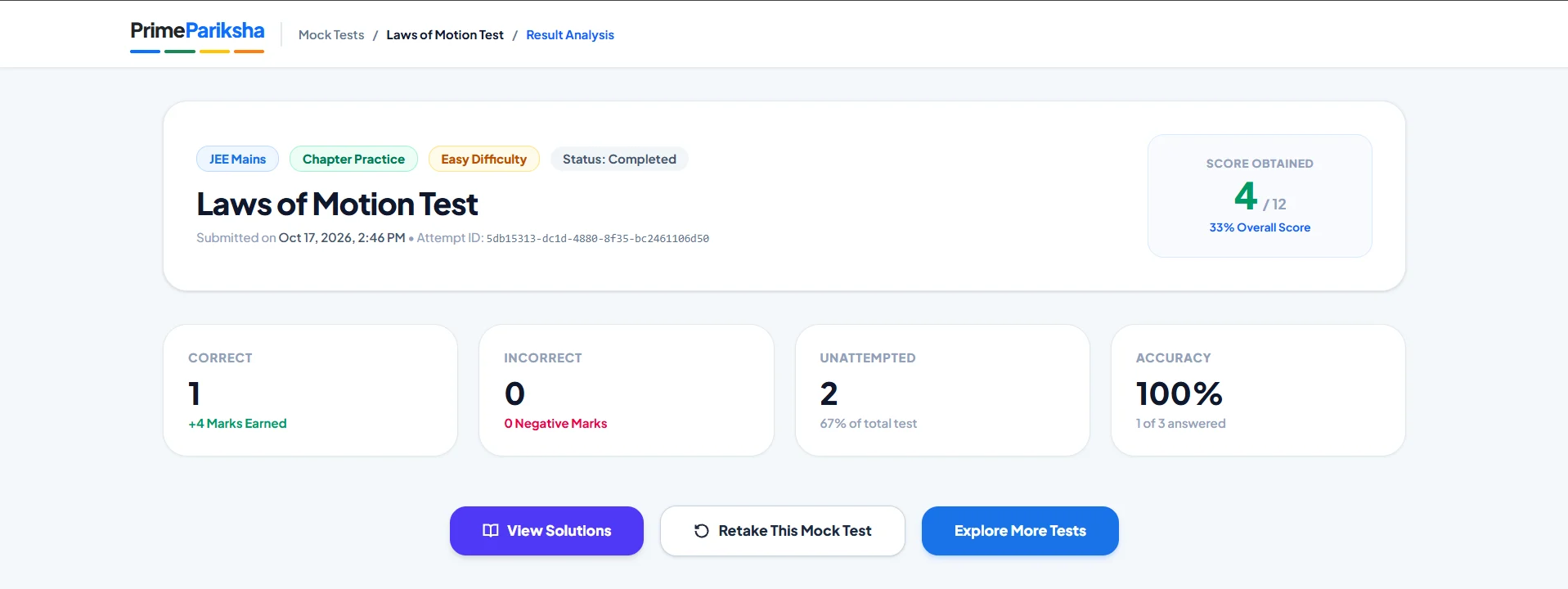 Result analysis with score, correct, incorrect, unattempted and accuracy