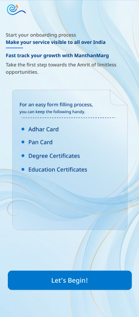 ManthanMarg pandit onboarding screen listing documents to keep handy