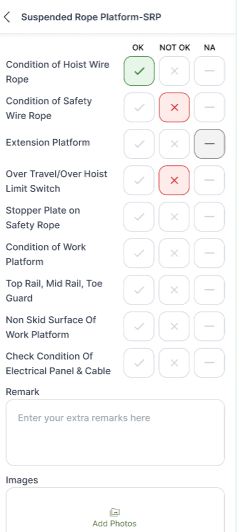 Checklist for a Suspended Rope Platform with OK, Not OK and NA for each item