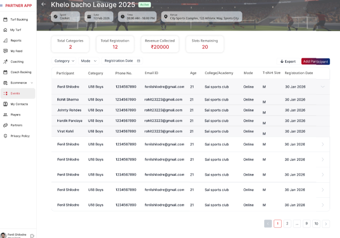 Pronext Sports Zone partner event dashboard