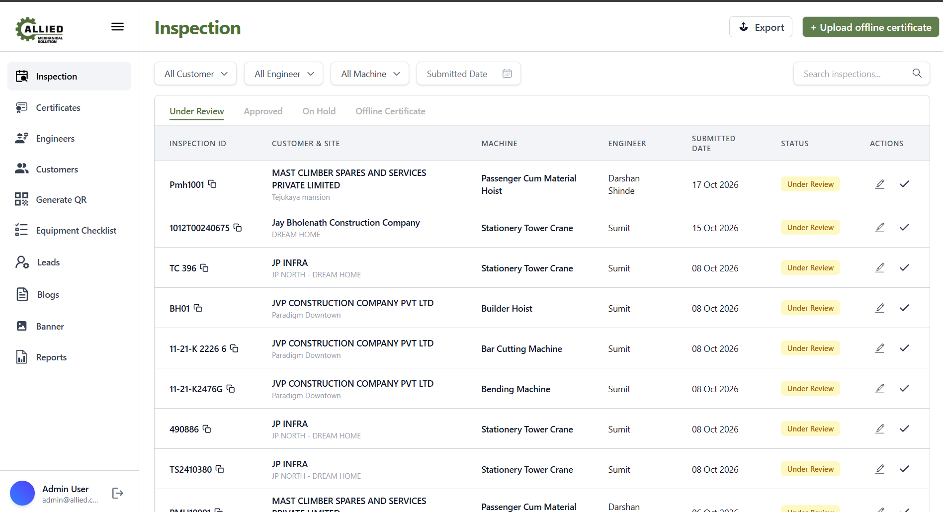 Allied Mechanical Solution inspection admin console